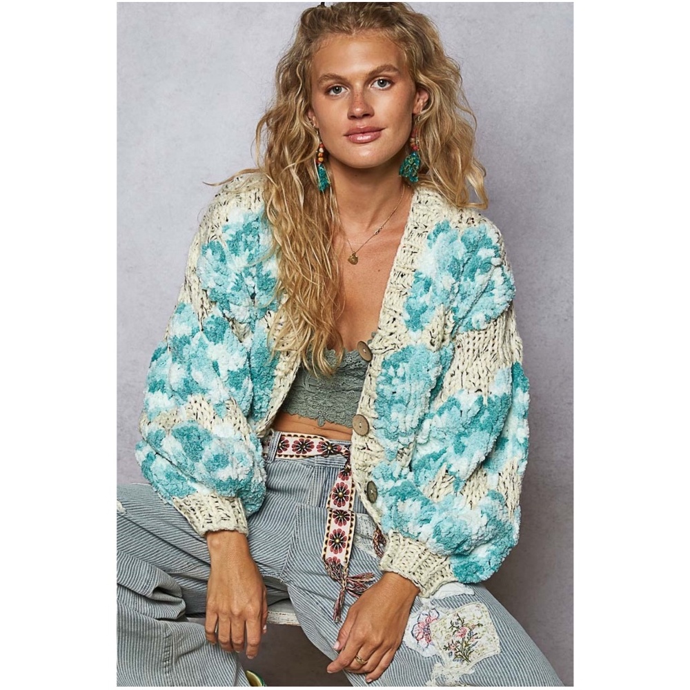 POL Cream and Blue Floral Cardigan